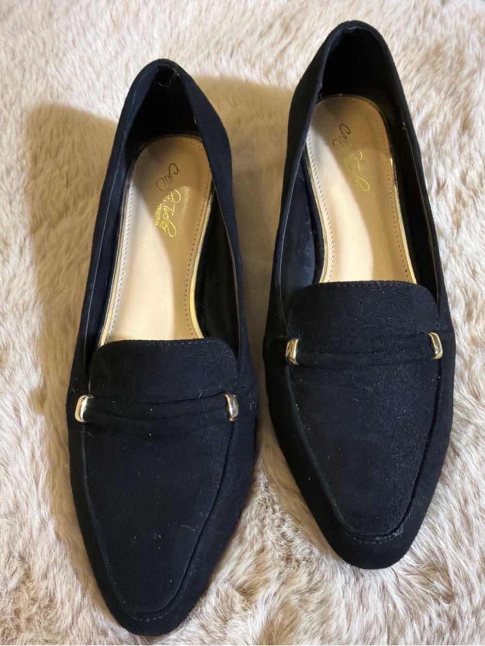 Black Suede Pointed Loafers with Gold Accent - Women